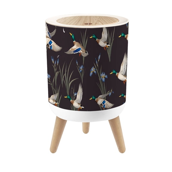 Small Trash Can with Lid Mallard Ducks Blue Iris Flowers Dark 1.8 Gallon Dog Proof Trash Can Round Garbage Can Waste Bin Wastebasket for Bathroom Bedroom Living Room