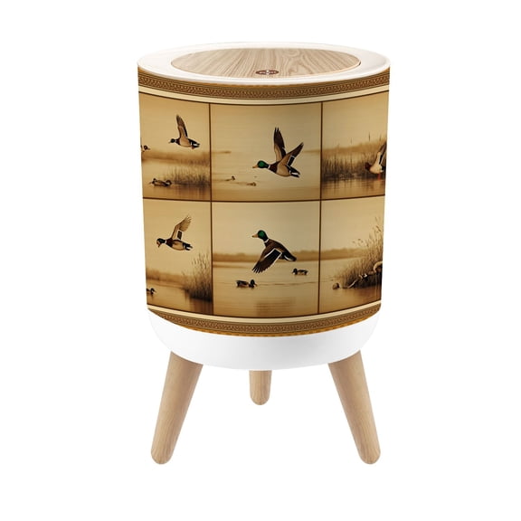 Small Trash Can with Lid Mallard Ducks Flight Resting by Water Sepia Toned Artwork 1.8 Gallon Dog Proof Trash Can Round Garbage Can Waste Bin Wastebasket for Bathroom Bedroom Living Room