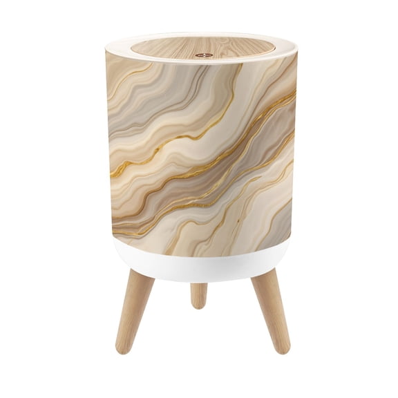 Small Trash Can with Lid Marble Abstract Stone Warm Beige Gold Veins 1.8 Gallon Dog Proof Trash Can Round Garbage Can Waste Bin Wastebasket for Bathroom Bedroom Living Room