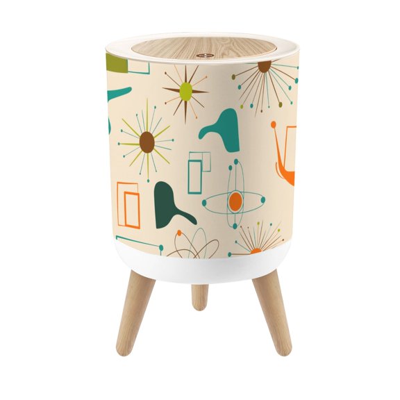 Small Trash Can with Lid Mid Century Modern Abstract Teal Orange Olive Beige 1.8 Gallon Dog Proof Trash Can Round Garbage Can Waste Bin Wastebasket for Bathroom Bedroom Living Room