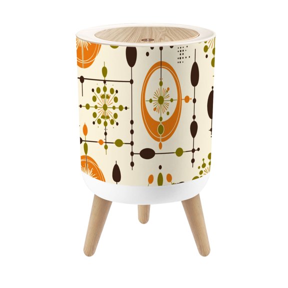 Small Trash Can with Lid Mid Century Modern Geometric Abstract Circles Lines Orange 1.8 Gallon Dog Proof Trash Can Round Garbage Can Waste Bin Wastebasket for Bathroom Bedroom Living Room