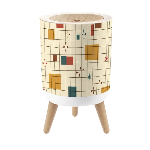 Small Trash Can with Lid Mid Century Modern Geometric Grid Lines Colorful Squares 1.8 Gallon Dog Proof Trash Can Round Garbage Can Waste Bin Wastebasket for Bathroom Bedroom Living Room