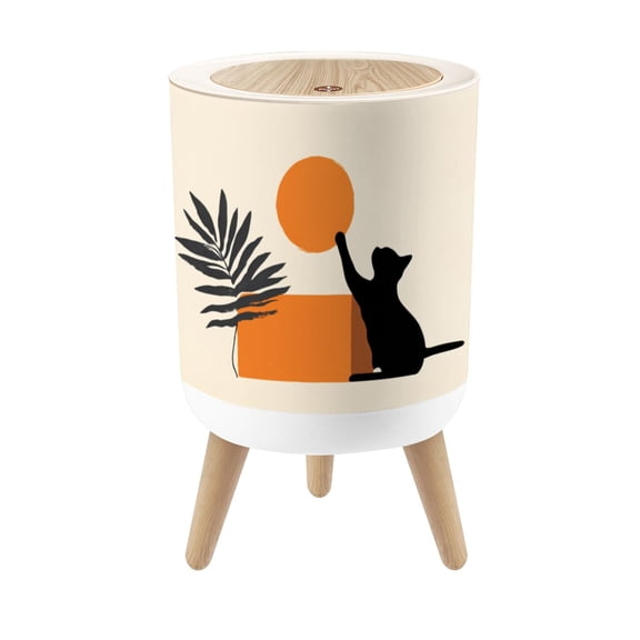 Small Trash Can with Lid Minimalistic Black Cat Reaching for Orange Circle Leaf Design 1.8 Gallon Dog Proof Trash Can Round Garbage Can Waste Bin Wastebasket for Bathroom Bedroom Living Room