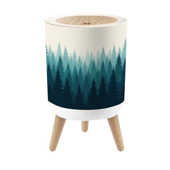 Small Trash Can with Lid Misty Forest Landscape Layered Pine Trees Blue Green Tones 1.8 Gallon Dog Proof Trash Can Round Garbage Can Waste Bin Wastebasket for Bathroom Bedroom Living Room