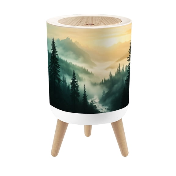 Small Trash Can with Lid Misty Mountain Forest Landscape Evergreen Trees River Sunset 1.8 Gallon Dog Proof Trash Can Round Garbage Can Waste Bin Wastebasket for Bathroom Bedroom Living Room