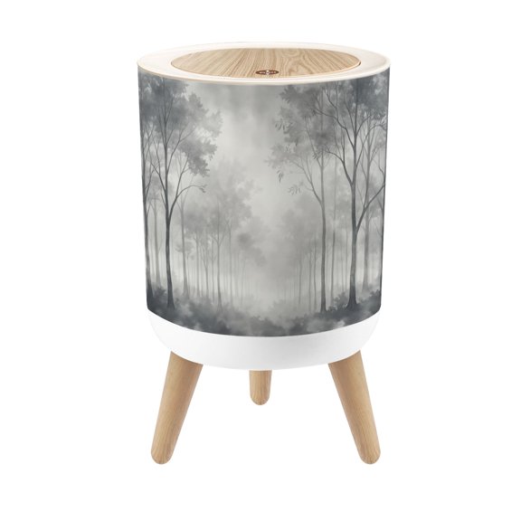 Small Trash Can with Lid Monochrome Misty Forest Landscape Tall Trees Subtle Fog 1.8 Gallon Dog Proof Trash Can Round Garbage Can Waste Bin Wastebasket for Bathroom Bedroom Living Room
