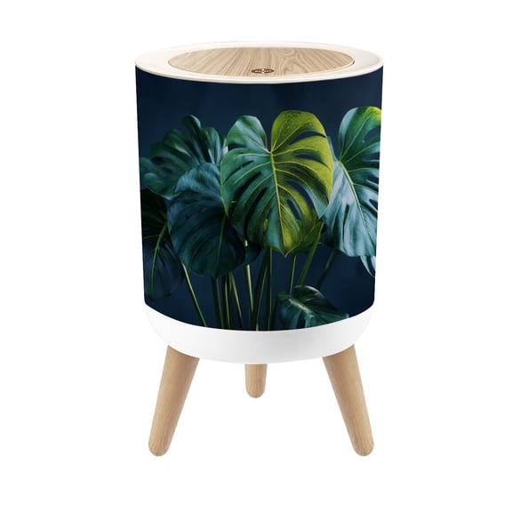Small Trash Can with Lid Monstera Botanical Elegant Style 1.8 Gallon Dog Proof Trash Can Round Garbage Can Waste Bin Wastebasket for Bathroom Bedroom Living Room