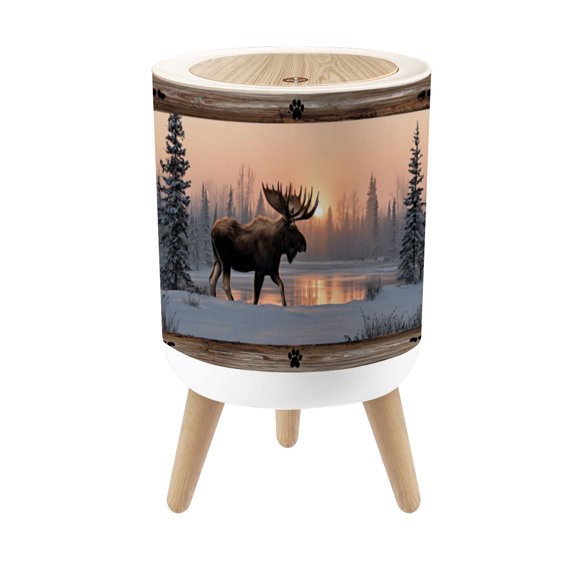 Small Trash Can with Lid Moose Standing Snowy Forest Sunset Wooden Paw Print Frame 1.8 Gallon Dog Proof Trash Can Round Garbage Can Waste Bin Wastebasket for Bathroom Bedroom Living Room