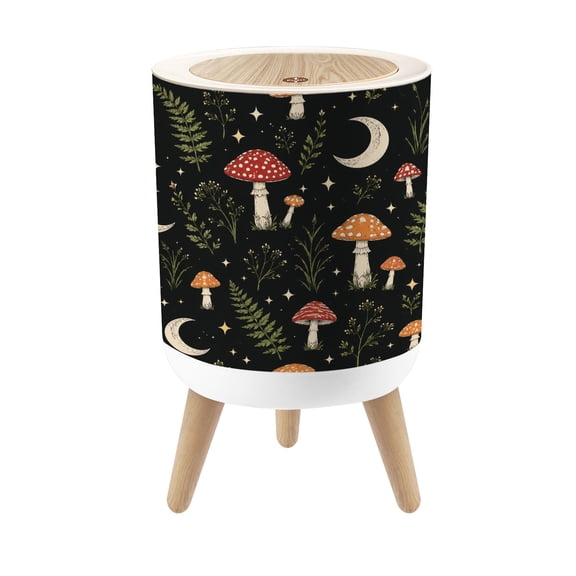 Small Trash Can with Lid Mushroom Crescent Moon Woodland Dark Whimsical Botanical Folk Art 1.8 Gallon Dog Proof Trash Can Round Garbage Can Waste Bin Wastebasket for Bathroom Bedroom Living Room