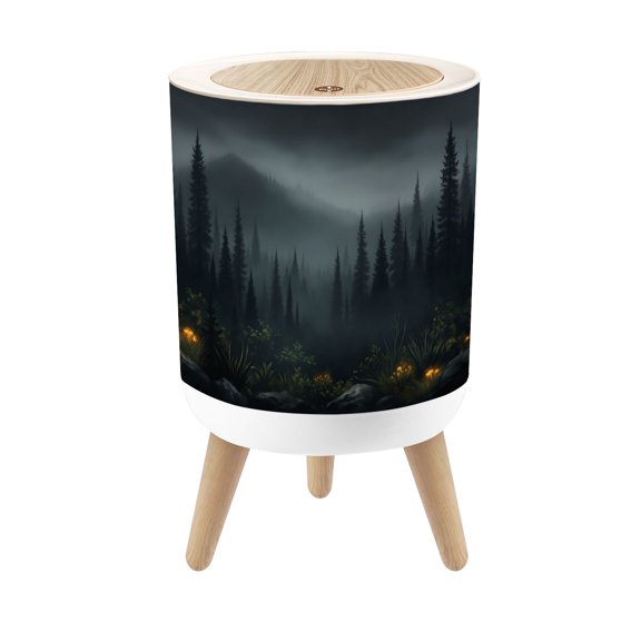 Small Trash Can with Lid Mystical Foggy Pine Forest Glowing Mushrooms Night 1.8 Gallon Dog Proof Trash Can Round Garbage Can Waste Bin Wastebasket for Bathroom Bedroom Living Room
