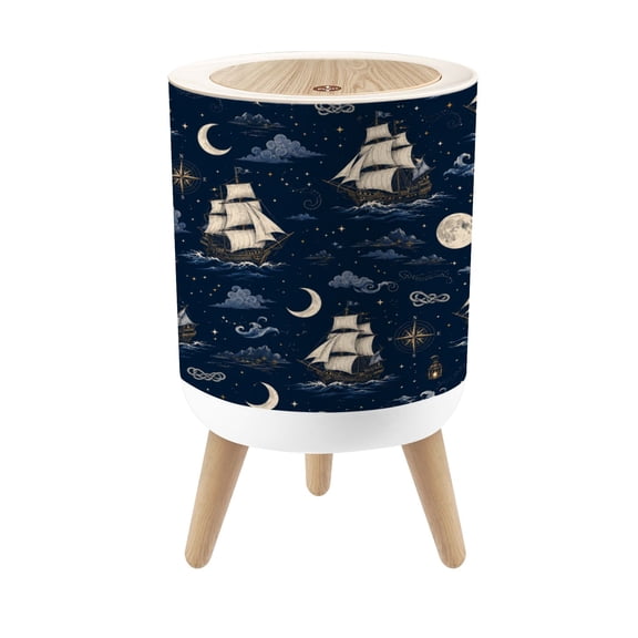 Small Trash Can with Lid Mystical Sailing Ship Ocean Night 1.8 Gallon Dog Proof Trash Can Round Garbage Can Waste Bin Wastebasket for Bathroom Bedroom Living Room