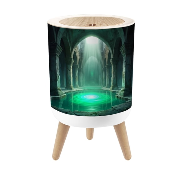 Small Trash Can with Lid Mystical Underground Pool Radiant Green Stone Columns 1.8 Gallon Dog Proof Trash Can Round Garbage Can Waste Bin Wastebasket for Bathroom Bedroom Living Room