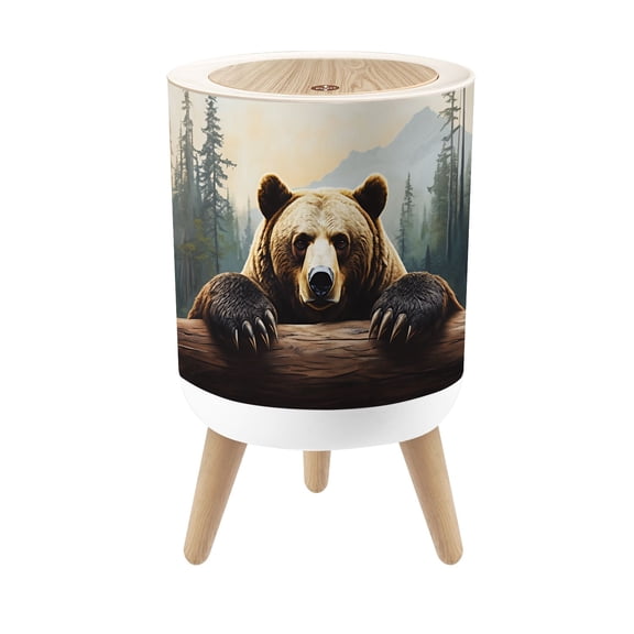 Small Trash Can with Lid Nature Forest Brown Bear Wild Animals Mountain Brown Bear 1.8 Gallon Dog Proof Trash Can Round Garbage Can Waste Bin Wastebasket for Bathroom Bedroom Living Room