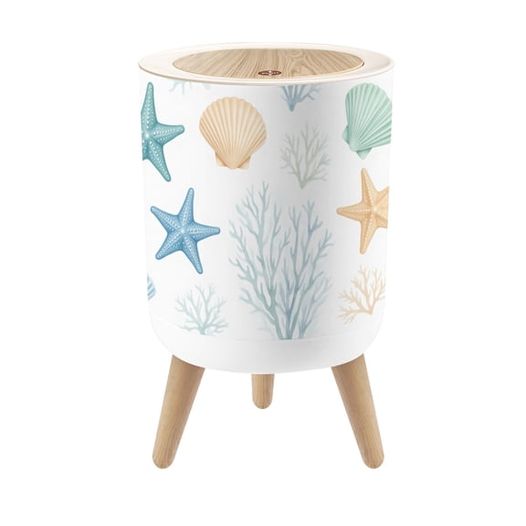 Small Trash Can with Lid Nautical Coastal Seashell Beach Ocean Blue Coral Starfish Shells 1.8 Gallon Dog Proof Trash Can Round Garbage Can Waste Bin Wastebasket for Bathroom Bedroom Living Room