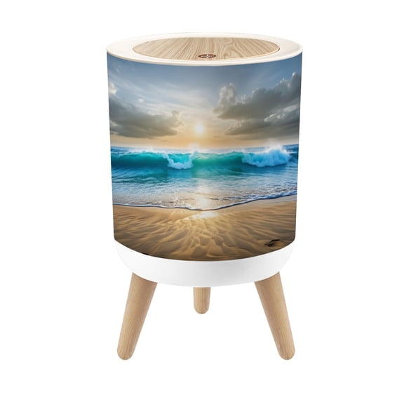 Small Trash Can with Lid Ocean Waves Sunrise Soft Golden Light Beach Coastal Tropical 1.8 Gallon Dog Proof Trash Can Round Garbage Can Waste Bin Wastebasket for Bathroom Bedroom Living Room
