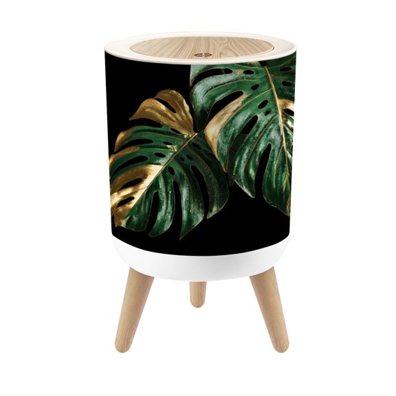 Small Trash Can with Lid Opulent Tropical Monstera Leaves Glossy Emerald Gold Finish 1.8 Gallon Dog Proof Trash Can Round Garbage Can Waste Bin Wastebasket for Bathroom Bedroom Living Room
