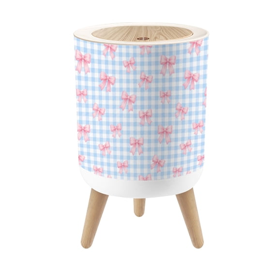 Small Trash Can with Lid Pink Ribbon Blue Checkered 1.8 Gallon Dog Proof Trash Can Round Garbage Can Waste Bin Wastebasket for Bathroom Bedroom Living Room