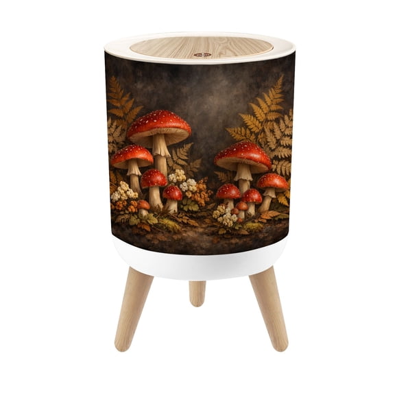Small Trash Can with Lid Red Mushrooms White Spots Autumn Ferns Flowers Dark Moody 1.8 Gallon Dog Proof Trash Can Round Garbage Can Waste Bin Wastebasket for Bathroom Bedroom Living Room
