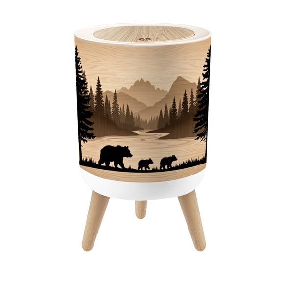Small Trash Can with Lid Rustic Cabin Farmhouse Lodge Bear Mountain Pine Trees Forest Cub 1.8 Gallon Dog Proof Trash Can Round Garbage Can Waste Bin Wastebasket for Bathroom Bedroom Living Room