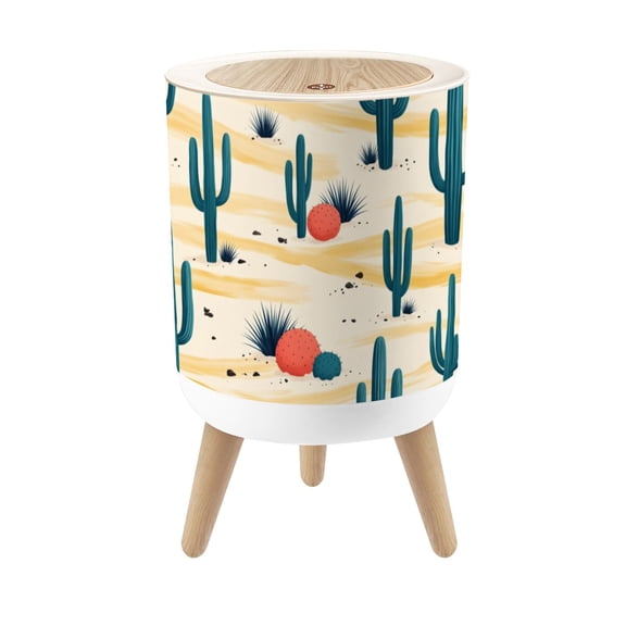 Small Trash Can with Lid Saguaro Prickly Pear Beige Cactus Western Desert Southwestern 1.8 Gallon Dog Proof Trash Can Round Garbage Can Waste Bin Wastebasket for Bathroom Bedroom Living Room