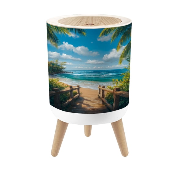 Small Trash Can with Lid Scenic Beach Pathway Overlooking Azure Ocean Palm Trees 1.8 Gallon Dog Proof Trash Can Round Garbage Can Waste Bin Wastebasket for Bathroom Bedroom Living Room