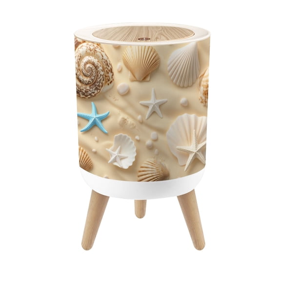 Small Trash Can with Lid Seashells Starfish Sandy Beach Soft Coastal 1.8 Gallon Dog Proof Trash Can Round Garbage Can Waste Bin Wastebasket for Bathroom Bedroom Living Room