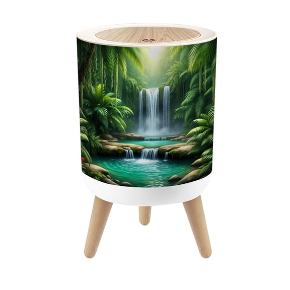 Small Trash Can with Lid Serene Jungle Waterfall Greenery Clear Pools 1.8 Gallon Dog Proof Trash Can Round Garbage Can Waste Bin Wastebasket for Bathroom Bedroom Living Room