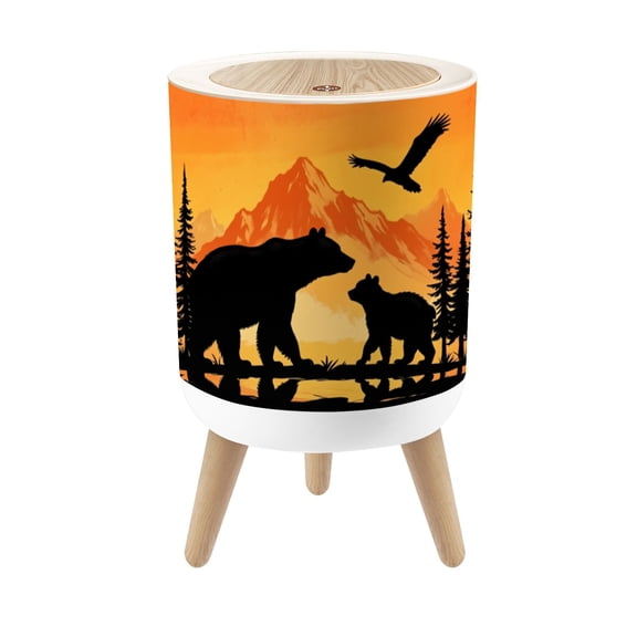 Small Trash Can with Lid Silhouette Bear Cub Mountain Landscape Pine Trees Eagle Sky 1.8 Gallon Dog Proof Trash Can Round Garbage Can Waste Bin Wastebasket for Bathroom Bedroom Living Room