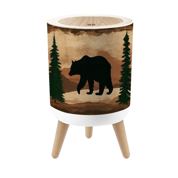 Small Trash Can with Lid Silhouette Bear Forest Pine Trees Mountain 1.8 Gallon Dog Proof Trash Can Round Garbage Can Waste Bin Wastebasket for Bathroom Bedroom Living Room