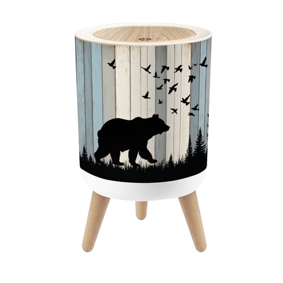 Small Trash Can with Lid Silhouette Bear Walking Forest Birds Rustic Wood 1.8 Gallon Dog Proof Trash Can Round Garbage Can Waste Bin Wastebasket for Bathroom Bedroom Living Room