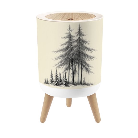 Small Trash Can with Lid Snowy Winter Pine Trees Forest Black White 1.8 Gallon Dog Proof Trash Can Round Garbage Can Waste Bin Wastebasket for Bathroom Bedroom Living Room