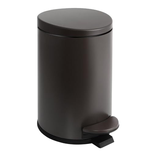 Small Trash Can with Lid Soft Close, 4.5 Liters / 1.2 Gallon Bathroom Garbage Can, Mini Step Trash Bin, Stainless Steel Wastebasket for Bathroom, Bedroom, Office (Brown)