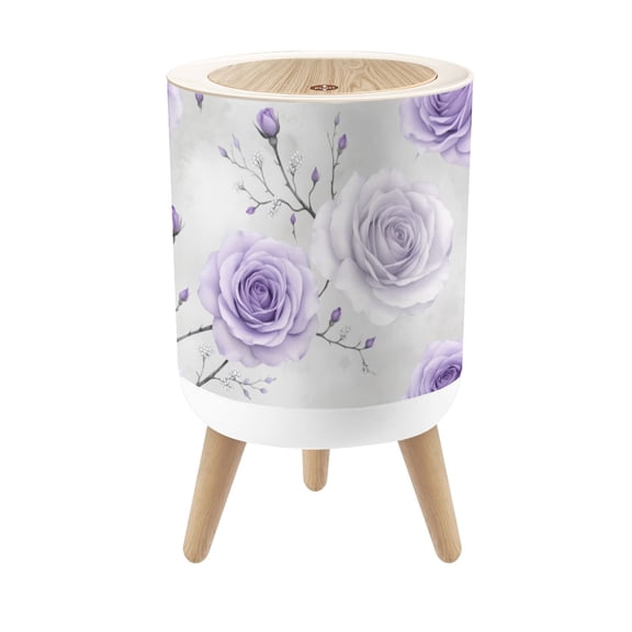 Small Trash Can with Lid Soft Lavender Roses Buds Delicate Branches Grey 1.8 Gallon Dog Proof Trash Can Round Garbage Can Waste Bin Wastebasket for Bathroom Bedroom Living Room