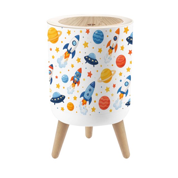 Small Trash Can with Lid Space Seamless Cartoon Planets Rockets Planets Stars UFOs Space 1.8 Gallon Dog Proof Trash Can Round Garbage Can Waste Bin Wastebasket for Bathroom Bedroom Living Room