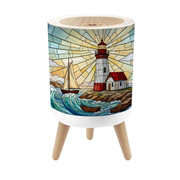 Small Trash Can with Lid Stained Glass Lighthouse Sailing Boat Waves Nautical 1.8 Gallon Dog Proof Trash Can Round Garbage Can Waste Bin Wastebasket for Bathroom Bedroom Living Room