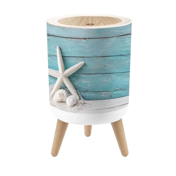 Small Trash Can with Lid Starfish Shell Teal Beach Nature Seashells Fishing Net Weathered 1.8 Gallon Dog Proof Trash Can Round Garbage Can Waste Bin Wastebasket for Bathroom Bedroom Living Room