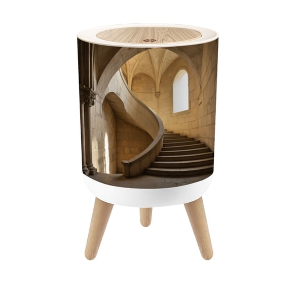 Small Trash Can with Lid Stone Spiral Staircase Gothic Arches Soft Natural Light 1.8 Gallon Dog Proof Trash Can Round Garbage Can Waste Bin Wastebasket for Bathroom Bedroom Living Room
