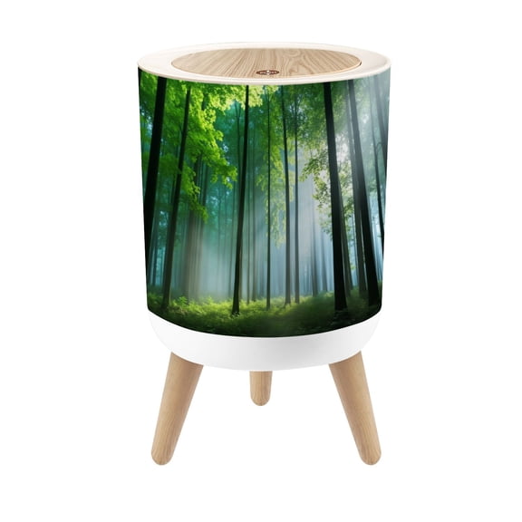 Small Trash Can with Lid Sunlight Streaming Forest Tall Trees Misty Atmosphere 1.8 Gallon Dog Proof Trash Can Round Garbage Can Waste Bin Wastebasket for Bathroom Bedroom Living Room