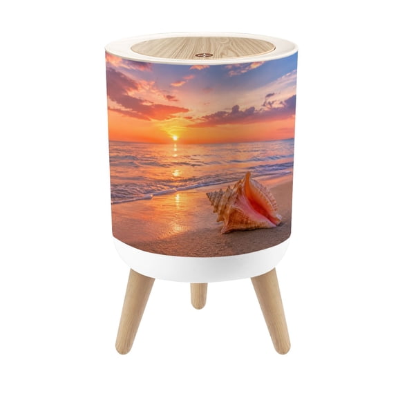 Small Trash Can with Lid Sunset Beach Pink Conch Shell Vibrant Sky Reflections 1.8 Gallon Dog Proof Trash Can Round Garbage Can Waste Bin Wastebasket for Bathroom Bedroom