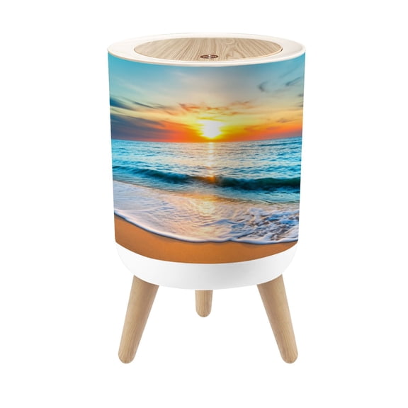 Small Trash Can with Lid Sunset Ocean Waves Golden Reflections Sandy Beach 1.8 Gallon Dog Proof Trash Can Round Garbage Can Waste Bin Wastebasket for Bathroom Bedroom Living Room