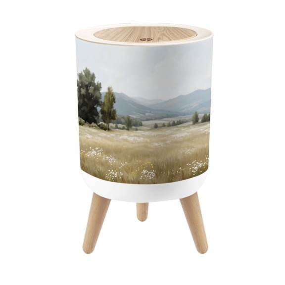 Small Trash Can with Lid Tranquil Countryside Meadow Landscape Wildflowers Rolling 1.8 Gallon Dog Proof Trash Can Round Garbage Can Waste Bin Wastebasket for Bathroom Bedroom Living Room