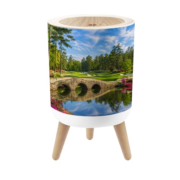 Small Trash Can with Lid Tranquil Golf Course Landscape Stone Bridge Greenery 1.8 Gallon Dog Proof Trash Can Round Garbage Can Waste Bin Wastebasket for Bathroom Bedroom Living Room
