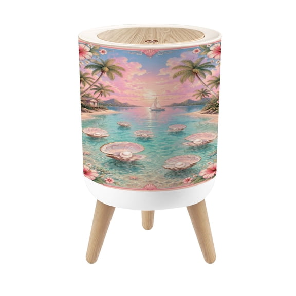 Small Trash Can with Lid Tropical Beach Oysters Palm Trees Tranquil Waters 1.8 Gallon Dog Proof Trash Can Round Garbage Can Waste Bin Wastebasket for Bathroom Bedroom Living Room