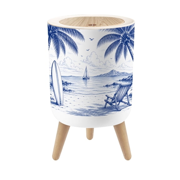 Small Trash Can with Lid Tropical Beach Palms Sailboat Surfer s Board Blue Ink Style 1.8 Gallon Dog Proof Trash Can Round Garbage Can Waste Bin Wastebasket for Bathroom Bedroom Living Room
