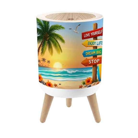 Small Trash Can with Lid Tropical Beach Sunset Inspirational Signpost Palm Trees Coastal 1.8 Gallon Dog Proof Trash Can Round Garbage Can Waste Bin Wastebasket for Bathroom Bedroom Living Room