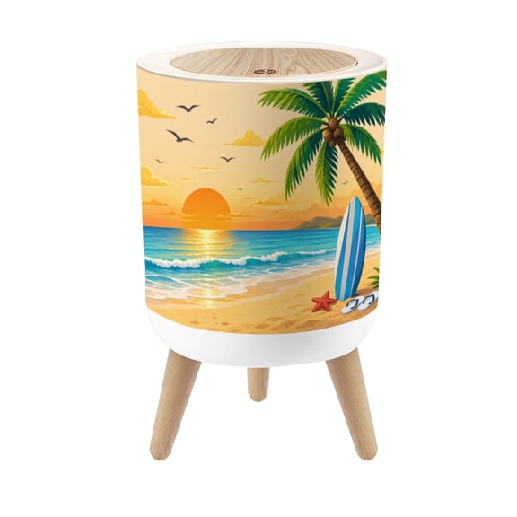Small Trash Can with Lid Tropical Beach Sunset Palm Tree Surfboard Starfish Coastal 1.8 Gallon Dog Proof Trash Can Round Garbage Can Waste Bin Wastebasket for Bathroom Bedroom Living Room