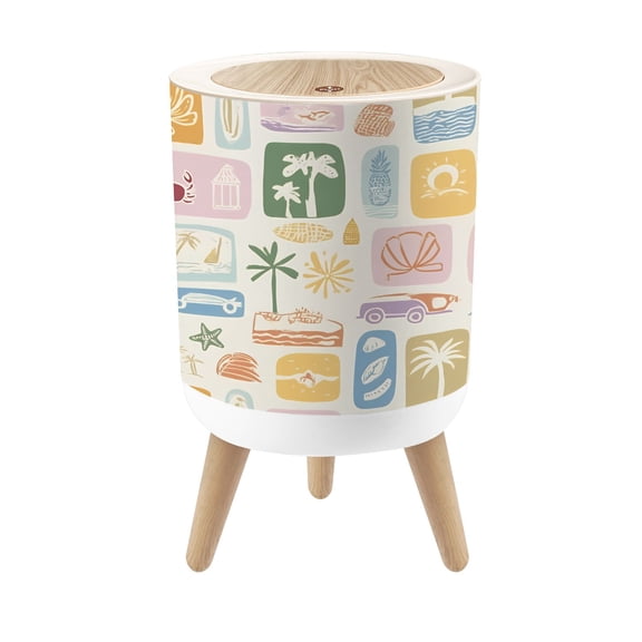 Small Trash Can with Lid Tropical Beach Vacation Icons Soft Pastel Colors 1.8 Gallon Dog Proof Trash Can Round Garbage Can Waste Bin Wastebasket for Bathroom Bedroom Living Room