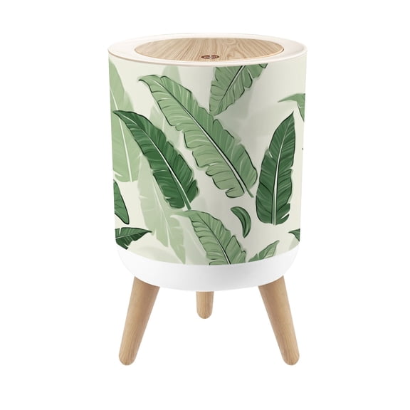 Small Trash Can with Lid Tropical Green Banana Leaf Light 1.8 Gallon Dog Proof Trash Can Round Garbage Can Waste Bin Wastebasket for Bathroom Bedroom Living Room