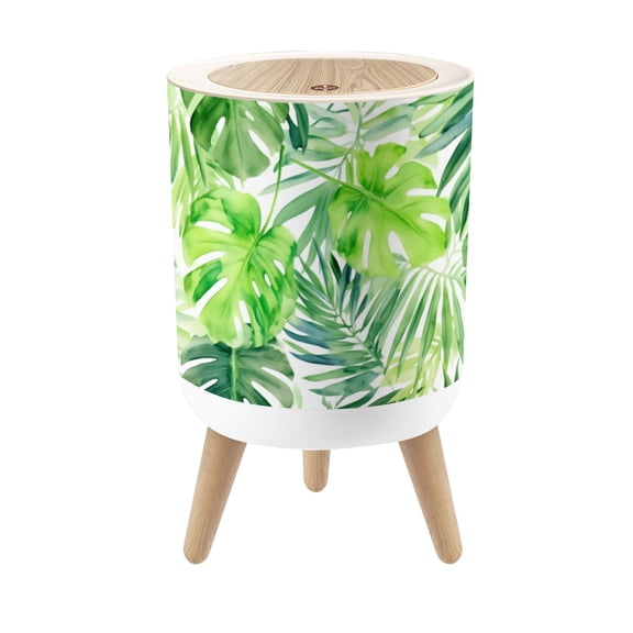 Small Trash Can with Lid Tropical Green Monstera Palm Leaves Watercolor White 1.8 Gallon Dog Proof Trash Can Round Garbage Can Waste Bin Wastebasket for Bathroom Bedroom Living Room