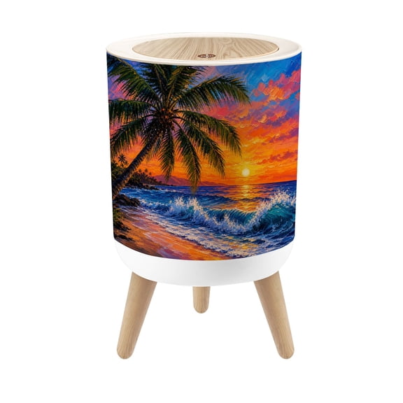 Small Trash Can with Lid Tropical Ocean Sunset Palm Trees Rolling Waves Vibrant Colorful 1.8 Gallon Dog Proof Trash Can Round Garbage Can Waste Bin Wastebasket for Bathroom Bedroom